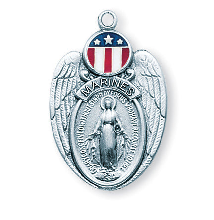 1 1/4-inch Sterling Silver Marines Medal with Miraculous Medal 24-inch Chain