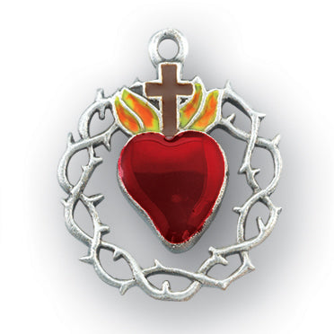 1-inch Sterling Silver Crown of Thorns with Enameled Red Heart and 20-inch Chain