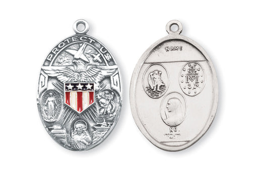 1 1/4-inch Sterling Silver Military Medal with Jesus-Mary-Saint Christopher with 24-inch Chain