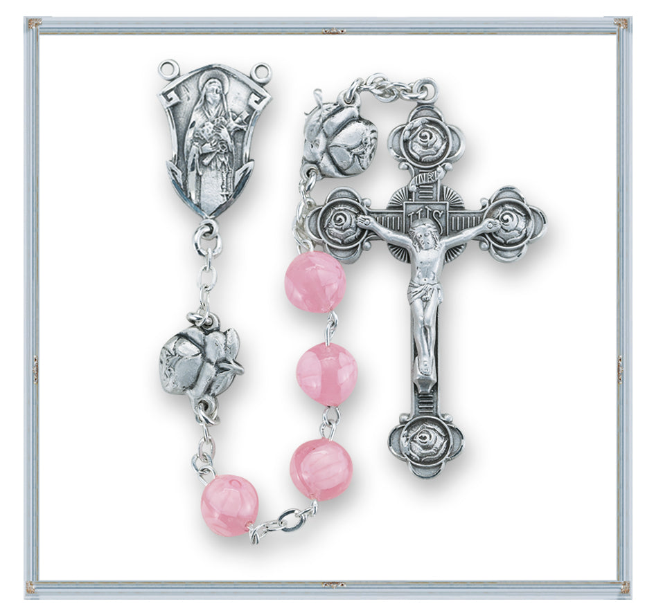 Pink Flowered Venetian Glass Sterling Rosary - Engravable
