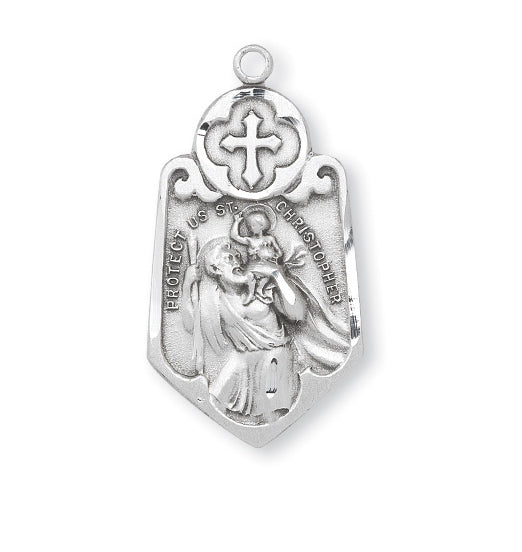 Sterling Silver Circular Cross over Shield Medal with Saint Christopher