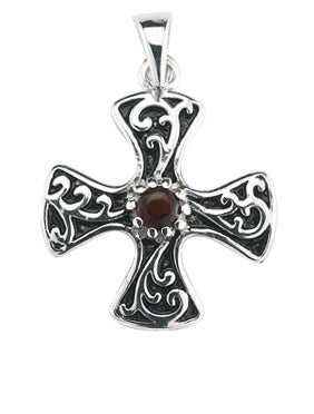 3/4-inch Sterling Silver Cross with Garnet Zircon 18-inch Chain