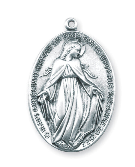 1 3/8-inch Sterling Silver Oval Profile Style Miraculous Medal with 27-inch Chain