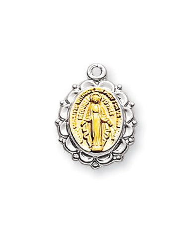 5/8-inch Tutone Sterling Silver Miraculous Medal with 18-inch Chain
