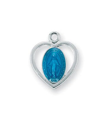Sterling Silver Heart Shaped Blue Enameled Miraculous Medal