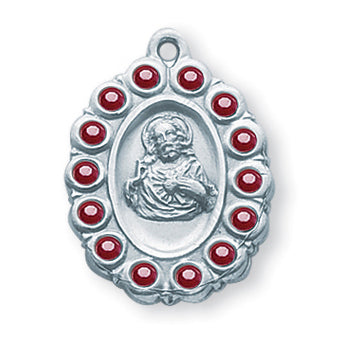 7/8-inch Sterling Silver Scapular Medal with Swarovski Ruby Stones 18-inch Chain