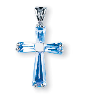 15/16-inch Sterling Silver Cross with Light Sapphire Zircons 18-inch Chain