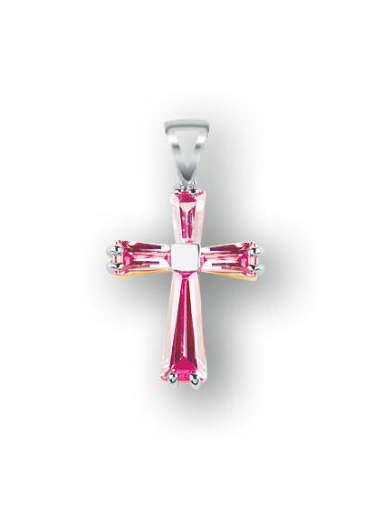 15/16-inch Sterling Silver Cross with Pink Zircons 18-inch Chain