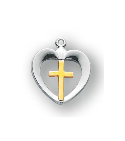 3/4-inch Tutone Sterling Silver Cross in Heart with 18-inch Chain