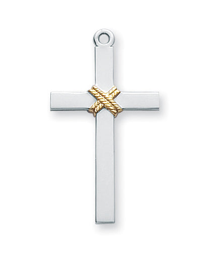 1 5/16-inch Tutone Sterling Silver Cross with Rope 24-inch Chain