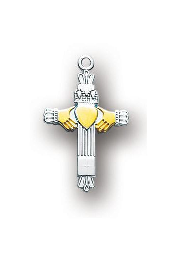 1-inch Tutone Sterling Silver Claddaugh Cross with 18-inch Chain