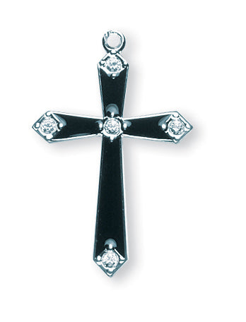1 1/8-inch Sterling Silver Black Enamel Cross with Crystals 18-inch Chain