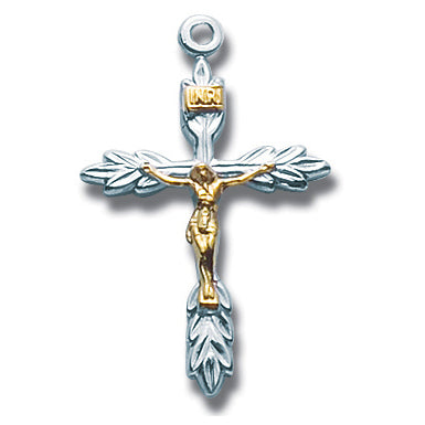 1 1/8-inch Tutone Sterling Silver Wheat Crucifix with 18-inch Chain