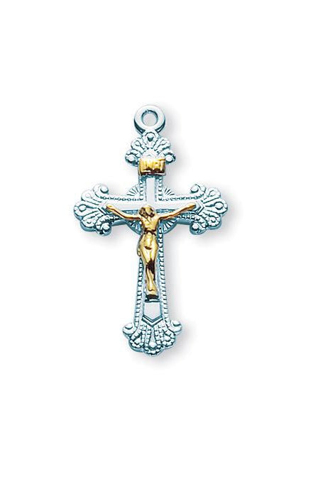 1 1/8-inch Tutone Sterling Silver Crucifix with 18-inch Chain