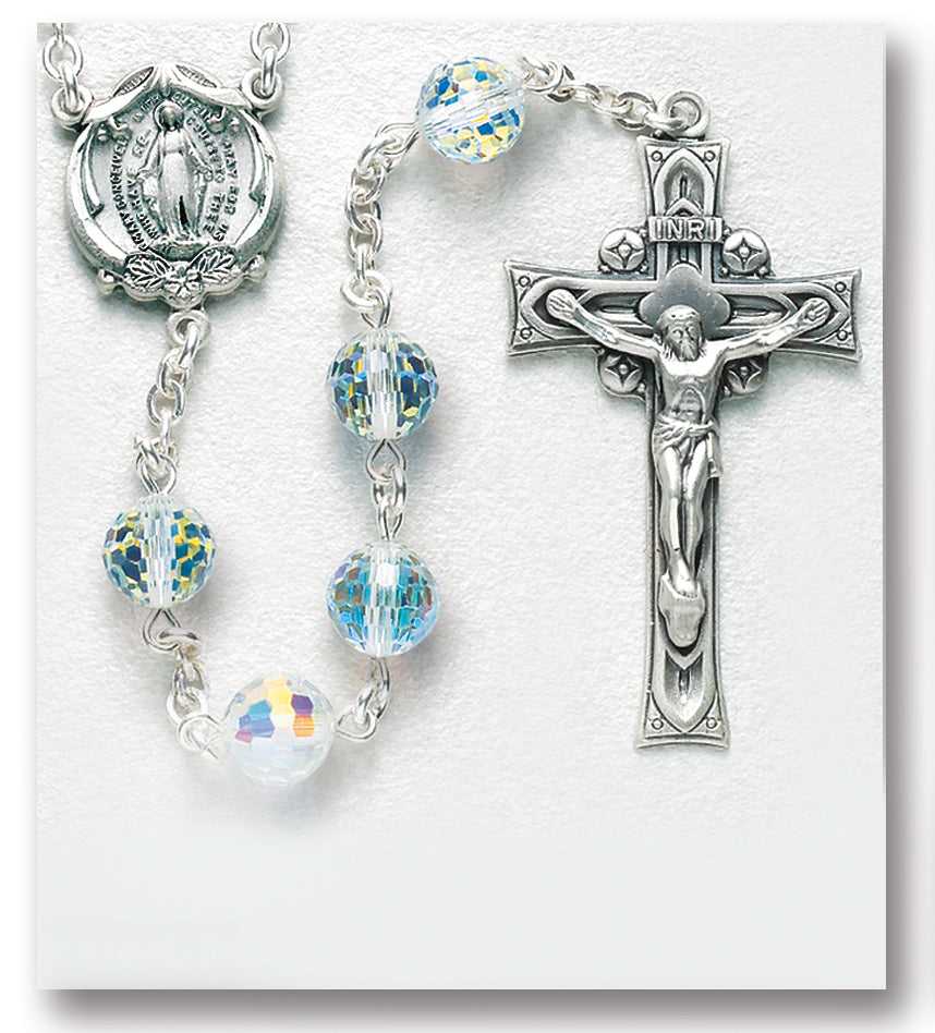 96 Faceted Round Aurora Sterling Rosary - Engravable