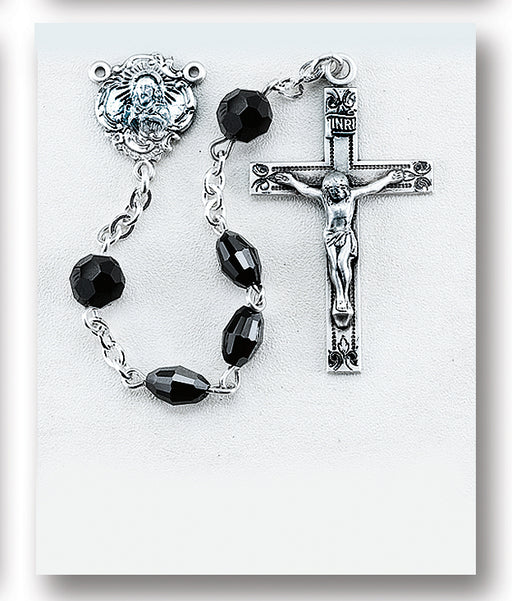 Jet Black Oval Swarovski Crystal Sterling Rosary - Engravable