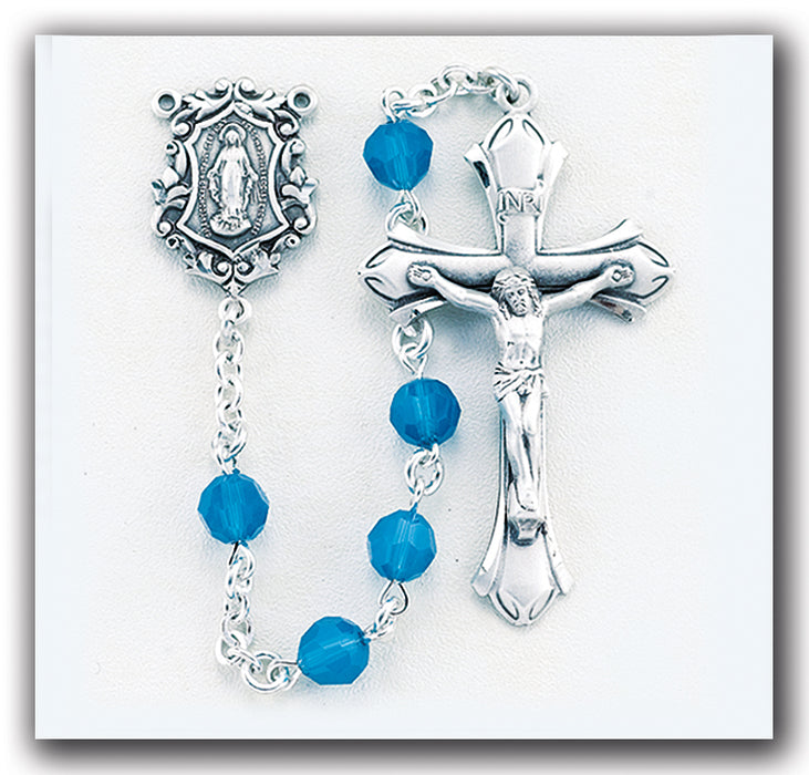 6mm Round Blue Opal Swarovski Crystal Sterling Rosary - Engravable