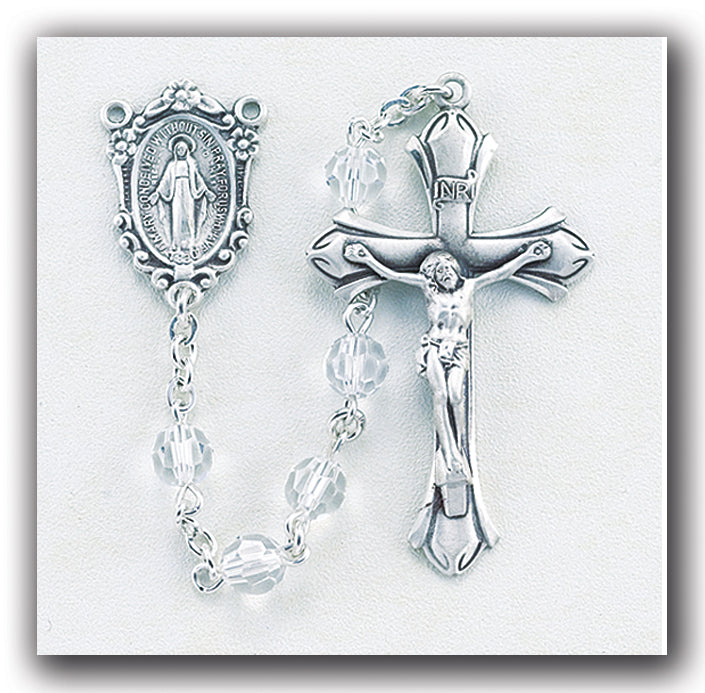 6mm Round Clear Swarovski Crystal Sterling Rosary - Engravable