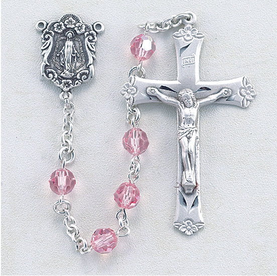 6mm Round Light Rose Swarovski Crystal Sterling Rosary - Engravable