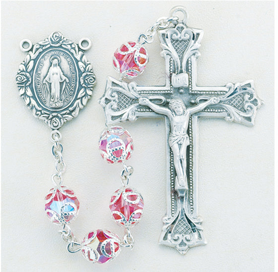 Double Capped Pink Swarovski Crystal Sterling Rosary - Engravable