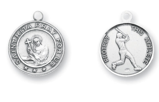 15/16-inch Sterling Silver Saint Rita/Baseball Medal with 24-inch Chain and Box
