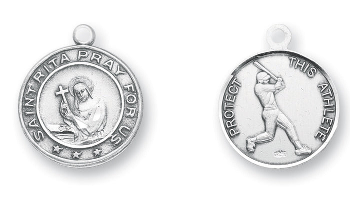 15/16-inch Sterling Silver Saint Rita/Baseball Medal with 24-inch