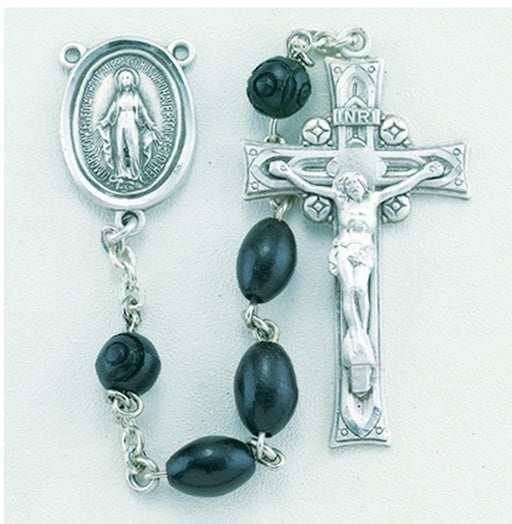 All Sterling Silver Oval Black Cocoa Rosary with Miraculous Center and Crucifix Boxed - Engravable