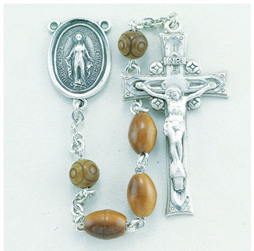 All Sterling Silver Oval Brown Cocoa Rosary with Miraculous Center and Crucifix Boxed - Engravable