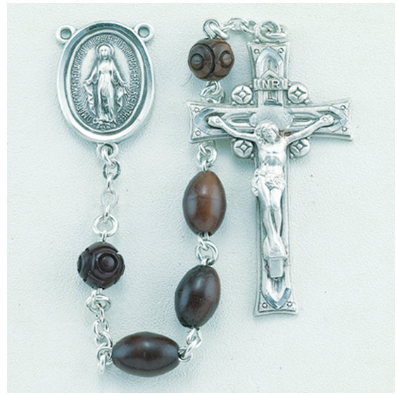 All Sterling Silver Oval Maroon Cocoa Rosary with Miraculous Center and Crucifix Boxed - Engravable