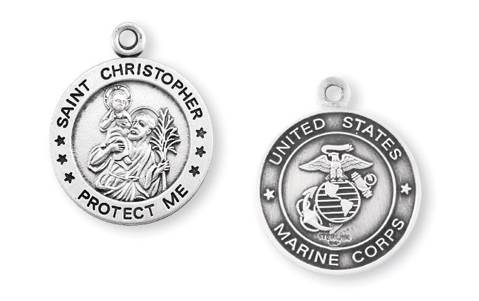 Sterling Silver Marines Medal with Saint Christopher on Reverse Side
