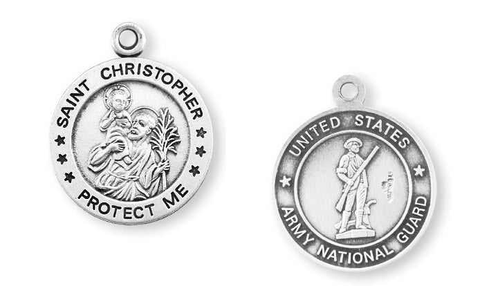 Sterling Silver Army National Guard Medal with Saint Christopher on Reverse Side