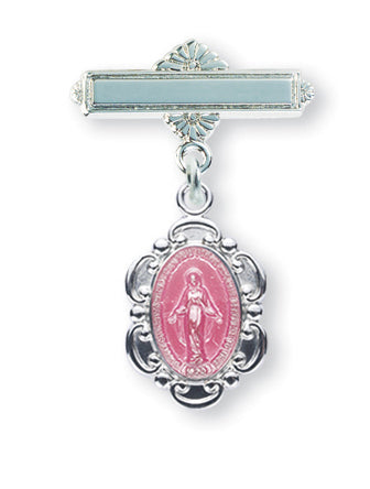 Pink Enameled 1-3/16-inch Oval Sterling Silver Baby Miraculous Medal on a Bar Pin