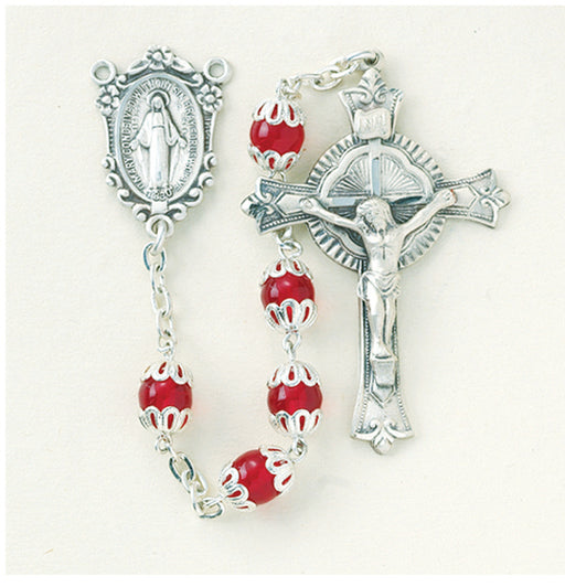 Red Glass Bead Double Capped Rosary - Engravable