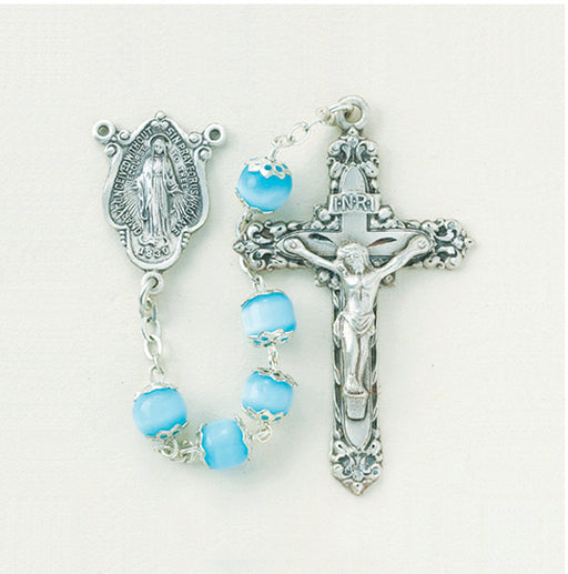 Light Blue Imitation Pearl Capped Rosary - Engravable