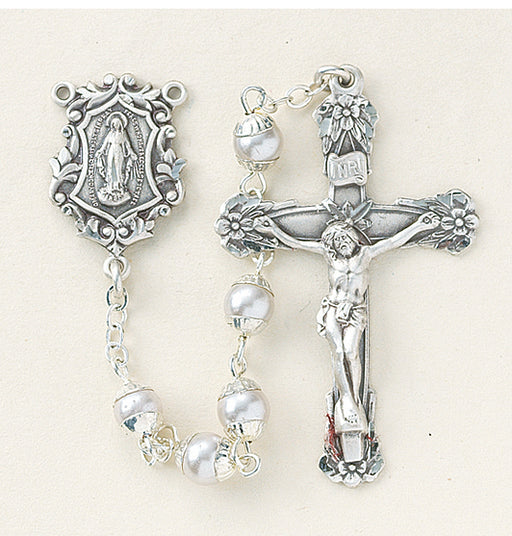 White Imitation Pearl Capped Rosary - Engravable
