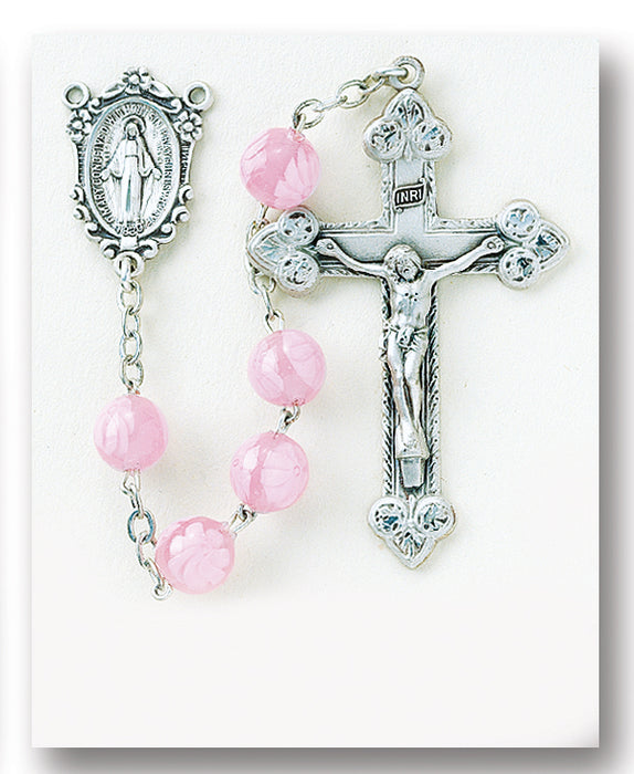 Pink Venetian Glass Flower Rosary - Engravable