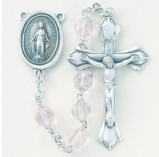 Tin Cut Light Rose Crystal Cube Sterling Rosary - Engravable