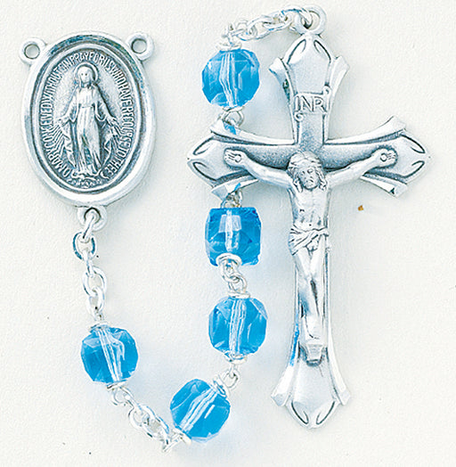 Tin Cut Light Sapphire Crystal Cube Sterling Rosary - Engravable