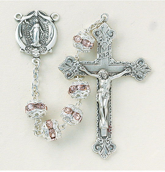 Capped Light Rose Crystal Rosary - Engravable