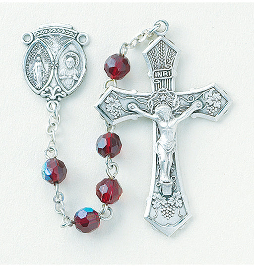 Tin Cut Ruby Aurora Crystal Rosary - Engravable