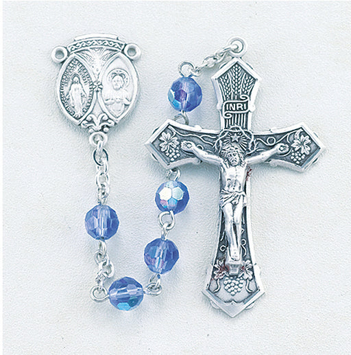 Tin Cut Sapphire Aurora Crystal Rosary - Engravable