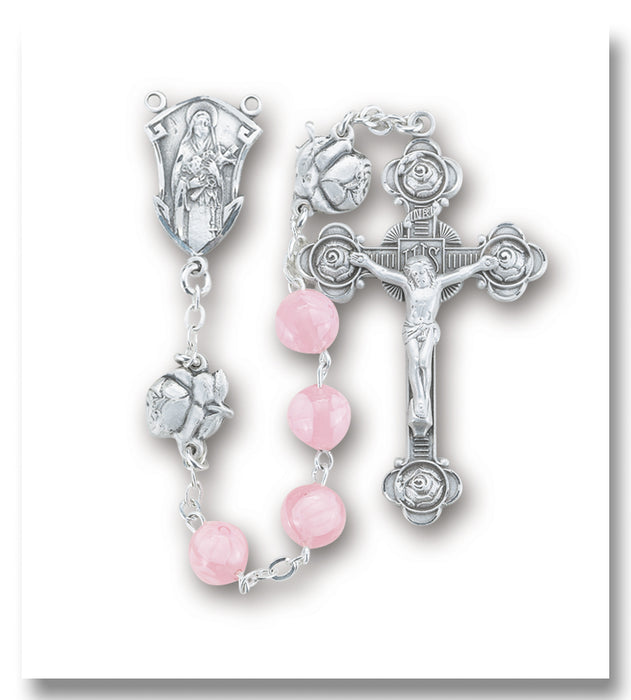 Pink Flowered Venetian Glass Saint Therese Rosary - Engravable