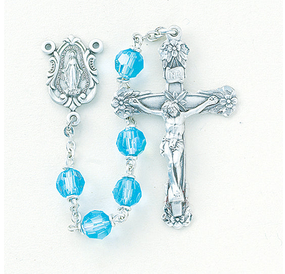 Tin Cut Czech Aqua Aurora Crystal Rosary - Engravable
