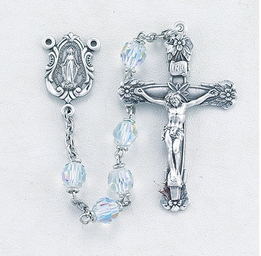 6mm Tin Cut Clear Czech Crystal Aurora Rosary - Engravable