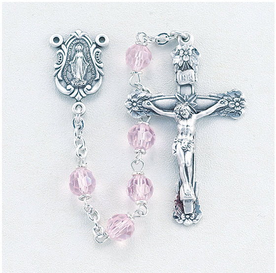 6mm Tin Cut Czech Light Rose Crystal Aurora Rosary - Engravable
