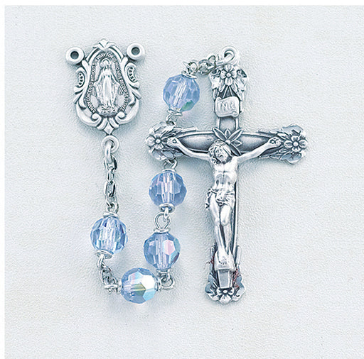 6mm Tin Cut Czech Light Sapphire Aurora Crystal Rosary - Engravable
