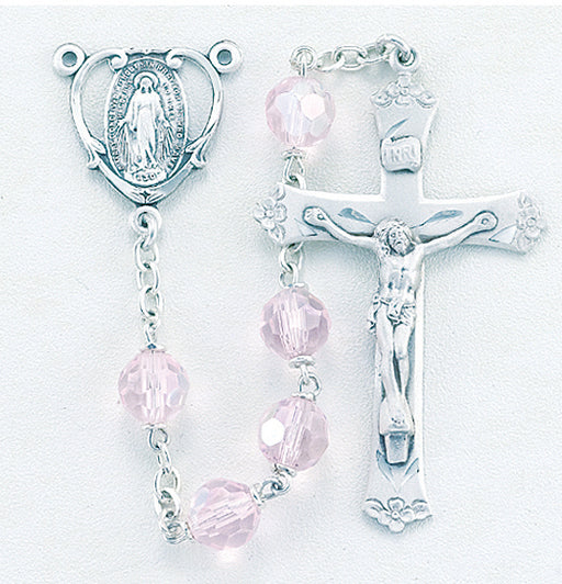 Tin Cut Czech Light Rose Crystal Rosary - Engravable