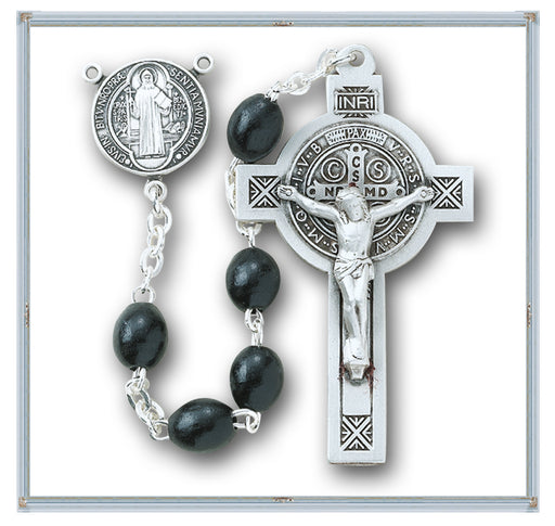 Black Oval Wood Saint Benedict Rosary Boxed - Engravable