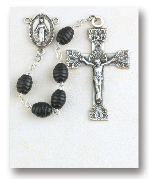 Black Oval Carved Wood Rosary/Boxed - Engravable