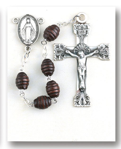 Maroon Oval Carved Wood Rosary - Engravable